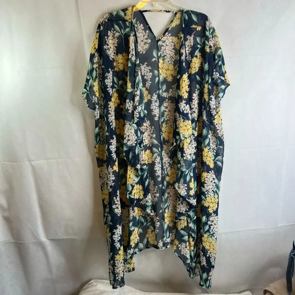 Navy and Yellow Floral‎ Short Sleeve Kimono One Size - Picture 9 of 9